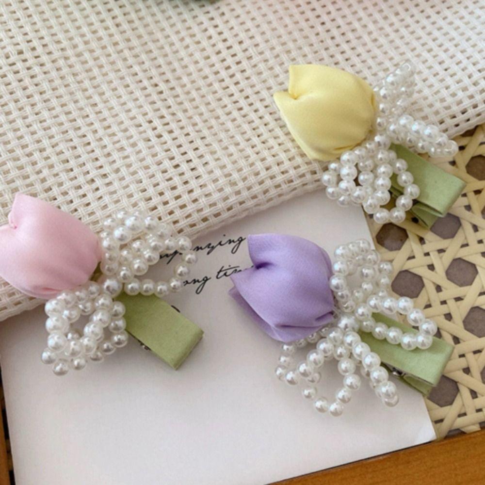 Sweet Tulip Pearl Hairpin Premium Sense Bangs Side Headdress Pearl Bowknot Hair Clip  Daily Wear