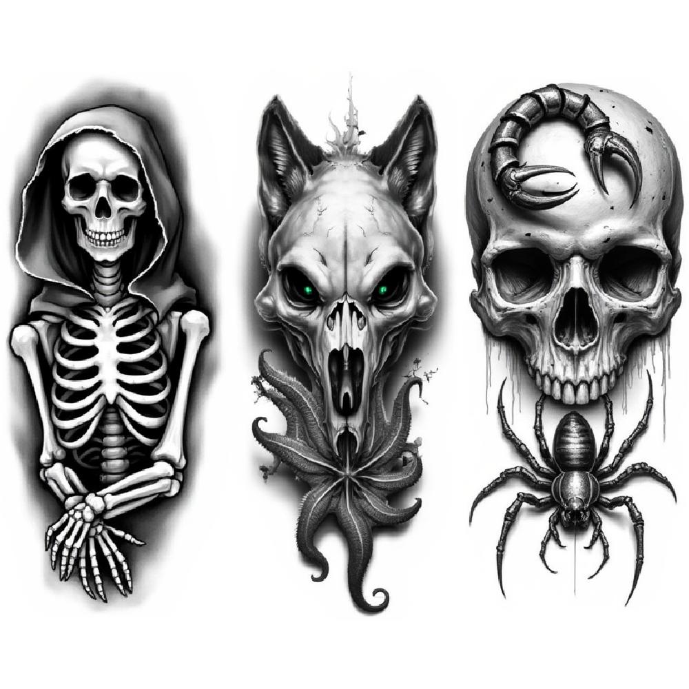 3pcs Temporary Tattoo Waterproof Long-lasting Body Stickers Wolf With Tentacles  And Ship Caged Bird For Arms Men Adults