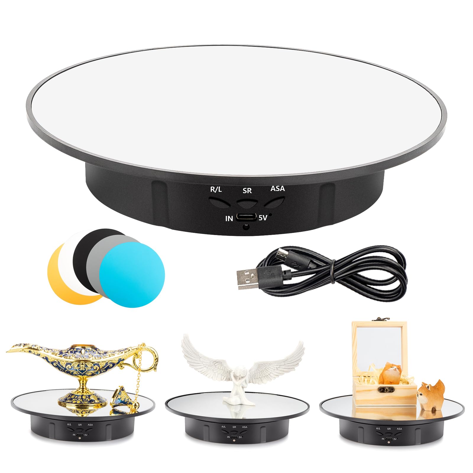 

Electric Turntable with Mirrored Surface, 360 Degree Rotation, Adjustable Speed, Direction, and Angle, Low Noise Electric Rotation, for Display and Ph