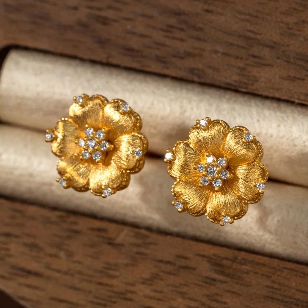 Exquisite Female Earrings  Sterling Silver Silk Sparkling Brushed Peony Flower Earrings for Women Promise Love Ear