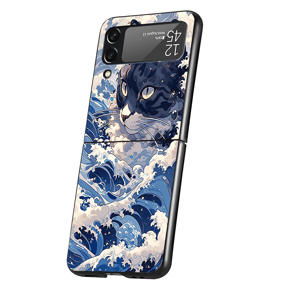 

Anime Cat Sea Wave Aesthetic Cover Phone Case For Samsung Galaxy Z Flip 7 6 5 4 3 5G Flip7 Flip6 Flip5 Flip4 Flip3 Black Fundas Samsung Z Flip