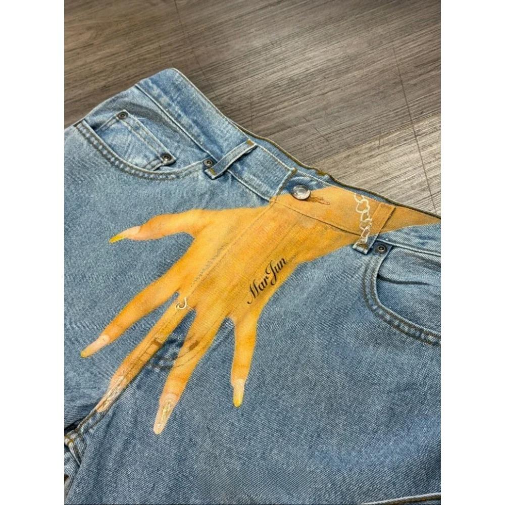 ZYLLO Streetwear Jeans Y2K Gothic Hip Hop Finger Graphic Print Retro Blue Baggy Jeans Men Women Fashion High Waisted Wide Leg Trousers