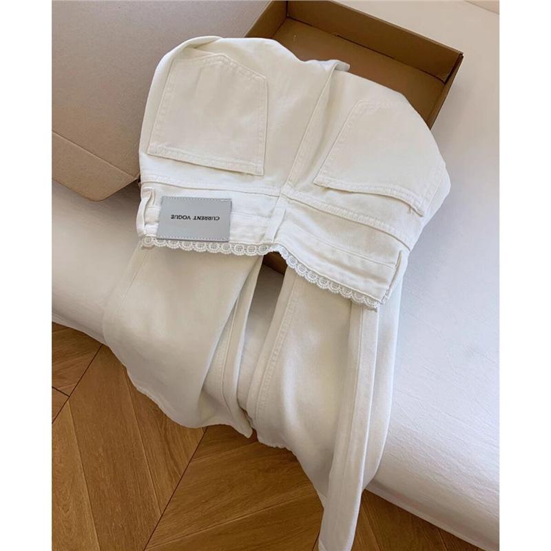 Women s Summer White High-Waisted Straight-Leg Jeans with Lace Trim S