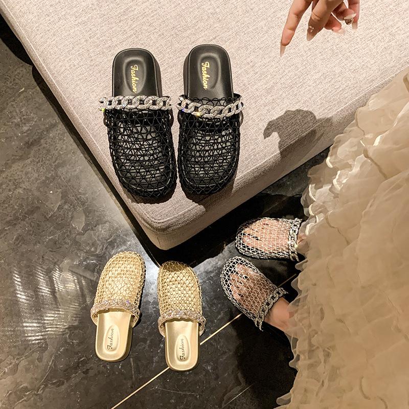 Baotou fishing net half slippers women's outer wear 2025 summer new thick-soled Roman hollow breathable comfortable beach cool slippers