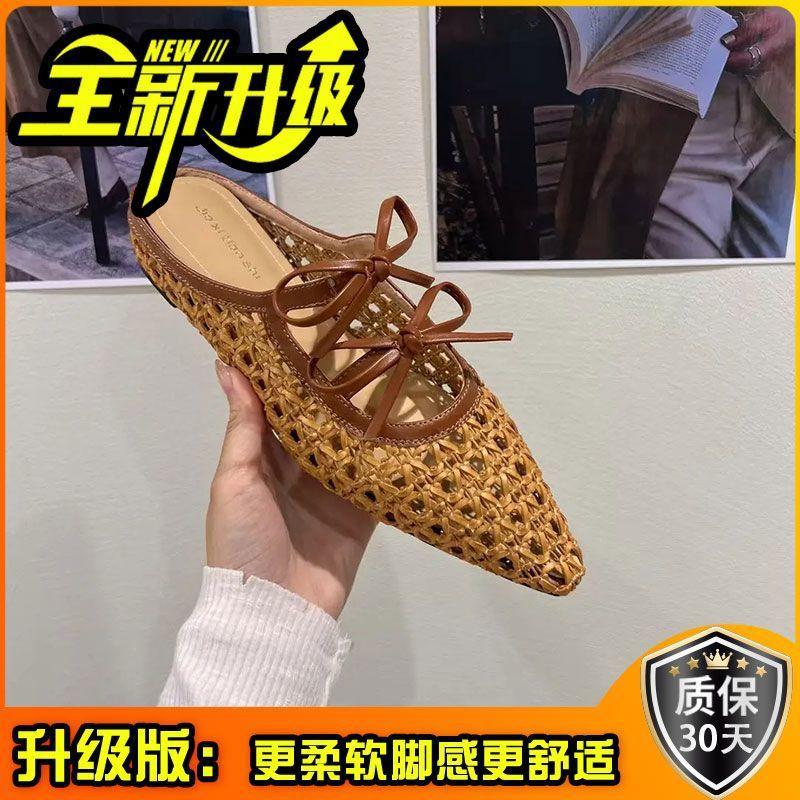 2025 new summer net shoes slippers women's fashion versatile bow hollow shallow mouth flat bottom bag head half slippers women