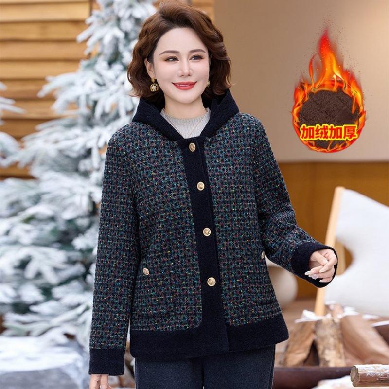 Woolen coat women's autumn and winter middle-aged woolen coat mother's new velvet thickened warm hooded noble leisure