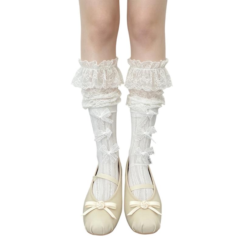 Chaussettes Dentelle Mi-Mollet pour Femmes avec Accent Ruban Style Décontracté Paire pour Tenue en Superposition Style Quotidien
