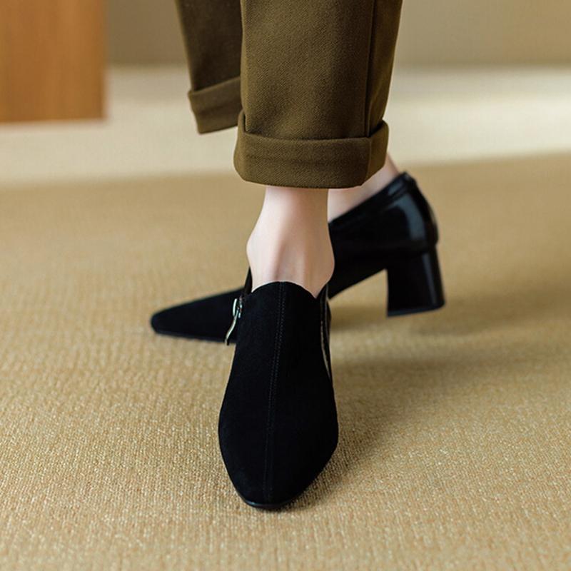 Fashion NEW Spring/Autumn Women Loafers Sheep Suede Leather Shoes for Women Pointed Toe Chunky Heel Soft Shoes Black Zipper Women Pumps