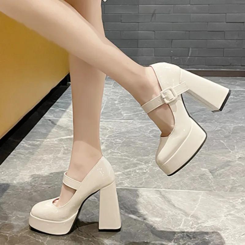 Womens High Heels Summer 2024Elegant Solid Color PU Leather Square Toe Dress Party Thick Sole Thick Heels Womens Mary Jane Shoes