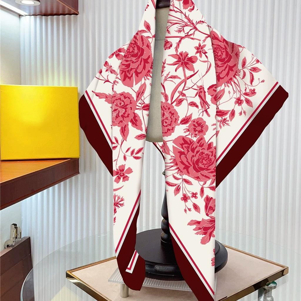 90cm Korean Style High-quality Twill Silk Rose Flower Printed Square Scarf for Women Elegant Small Floral Scarves