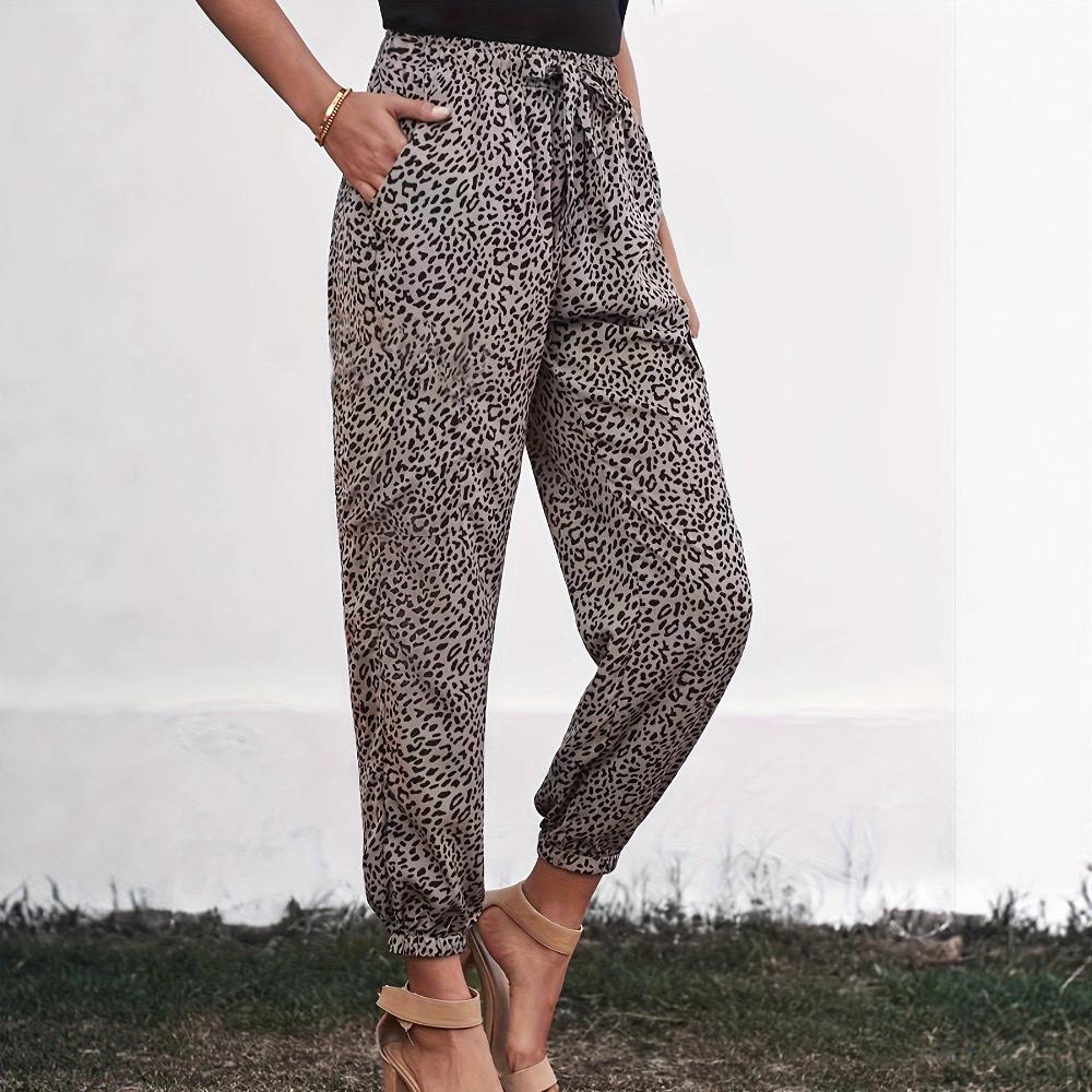 Women's High Waist Drawstring Jogger Pants Relaxed Fit Leopard Print Harem Trousers