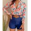 2Pcs/Set Women's Fashion Long Sleeve Floral Print Shirt Stand Collar Casual Button Blouse Set