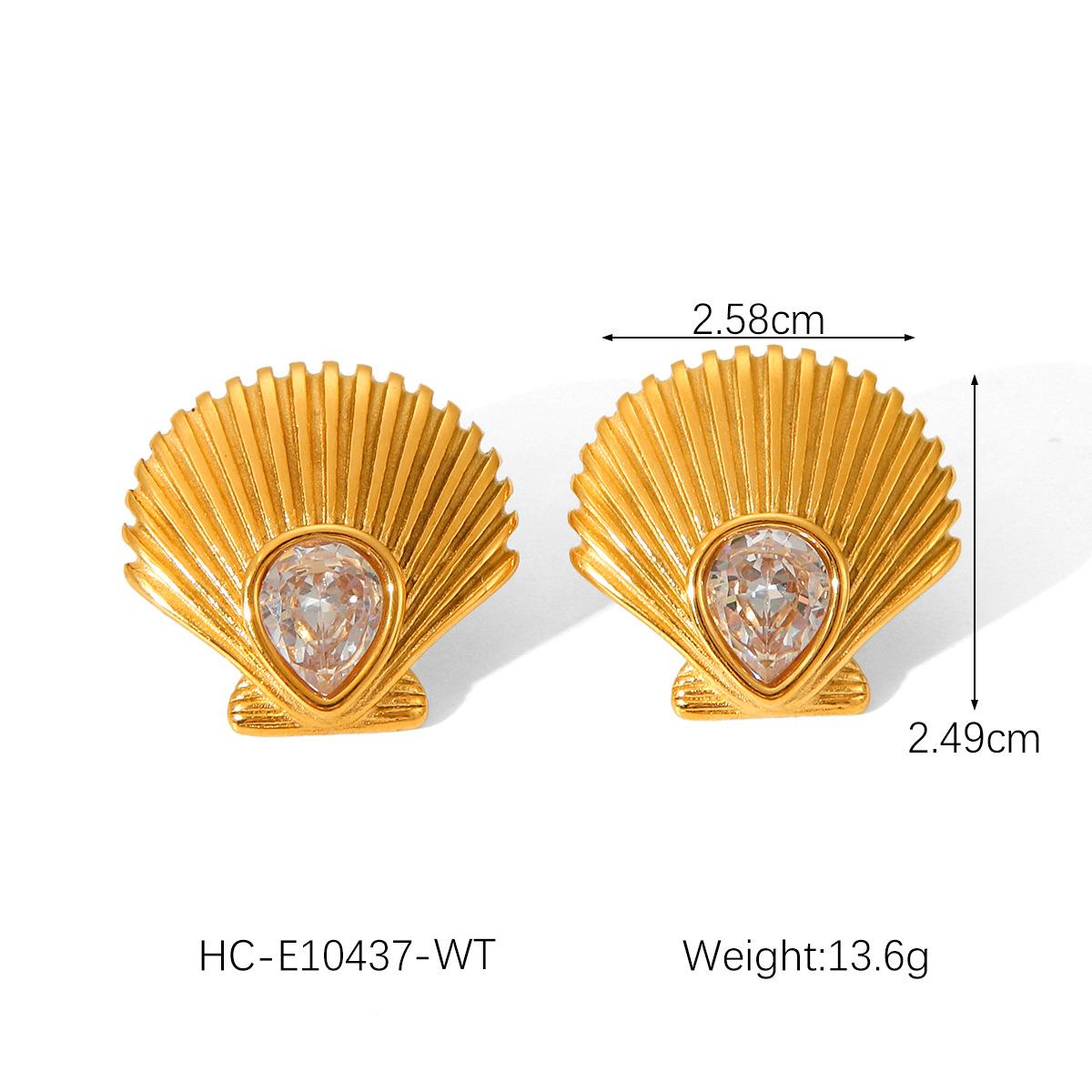 

18K Gold Stainless Steel Scallop Zircon Earrings for Women, Light Luxury Versatile Studs, Ocean Titanium Steel Ear Jewelry белый