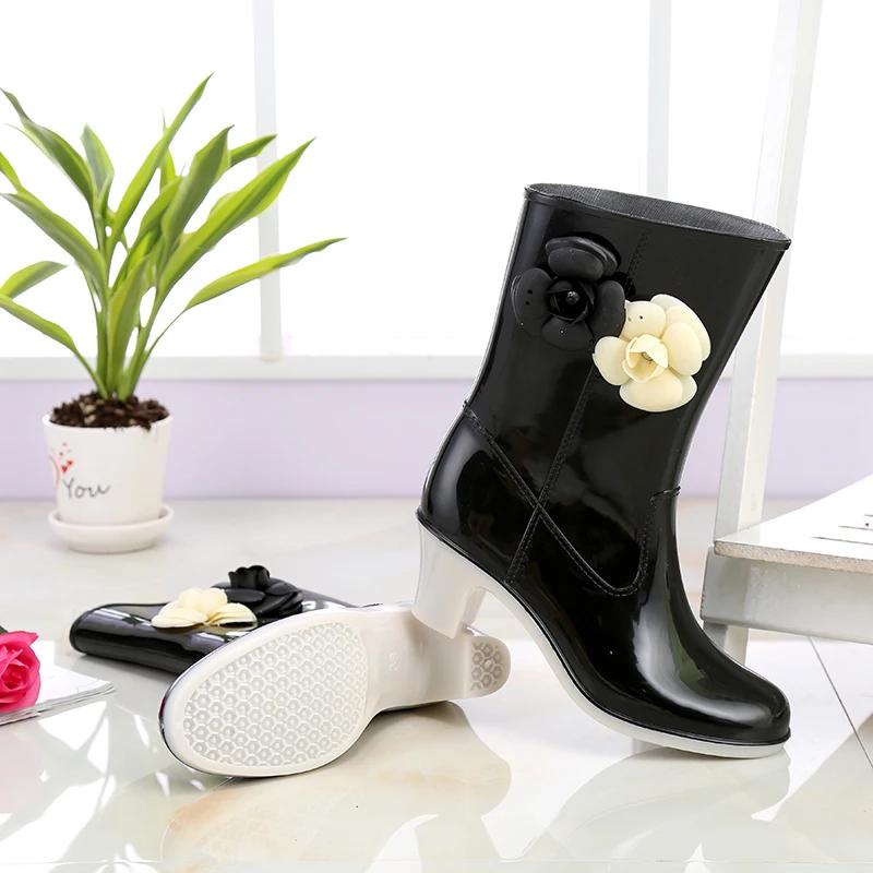 Fashion Ladies Shoes 2025 Mid-Calf Women's Boots Outdoor Rainboots Women Round Toe Slip On Floral Mixed Colors Chunky Heels Shoes Women