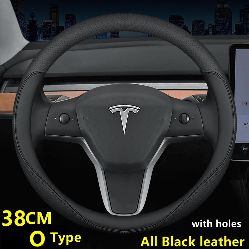 Steering Wheel Cover For Tesla Model 3 Y S X Nappa Leather 4 Seasons 36-39 CM Diameter Black Car Interior Accessories 2017-2024