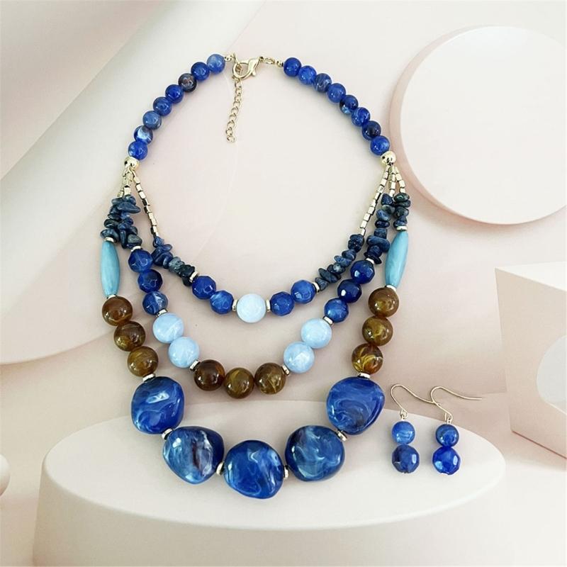 Layering Beaded Collarbone Necklace Set with Matching Earrings Fashionable Multi Strand Acrylic Jewelry For Women