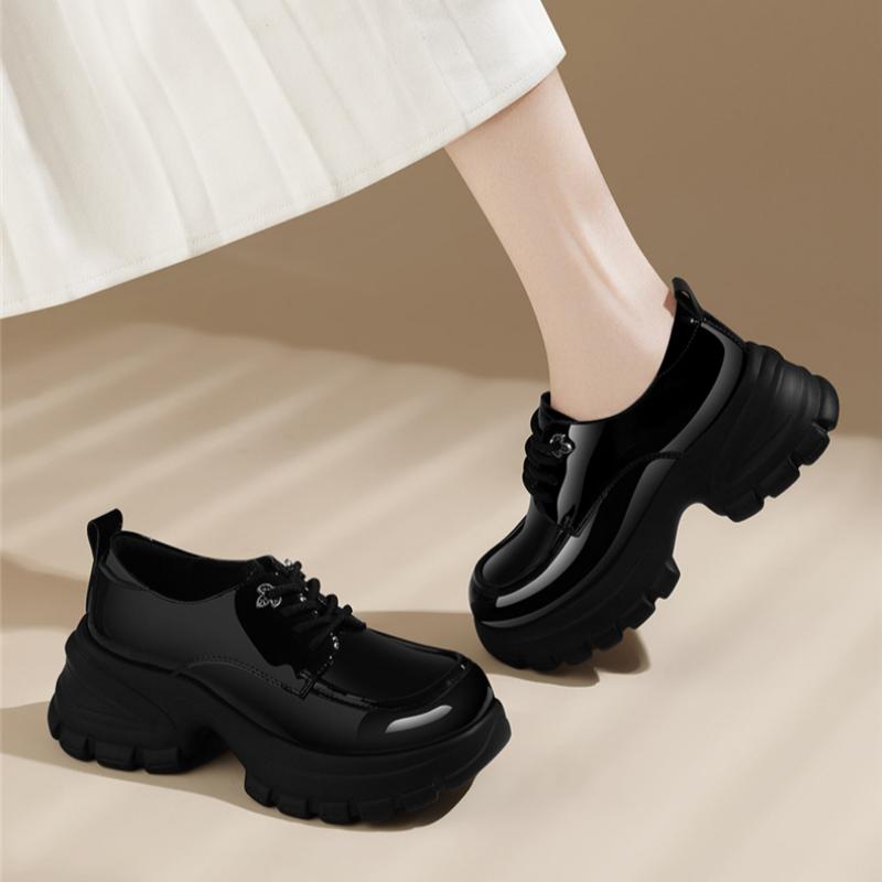 Thick-soled Loafers for Women, Casual Early Autumn High Heels, Patent Leather Shoes, Casual Work Shoes