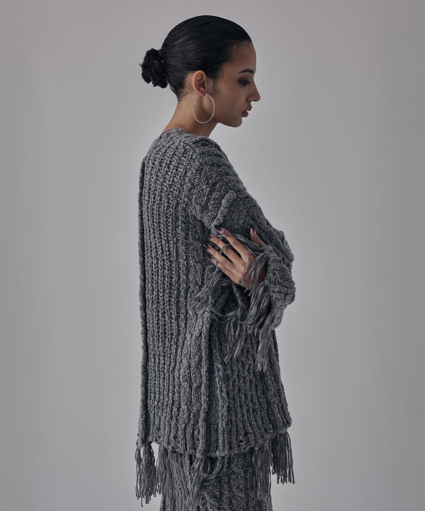 Teulimingbeodeu Wool Damage Tassel Knit Set-Up Pullover [ Gray ]