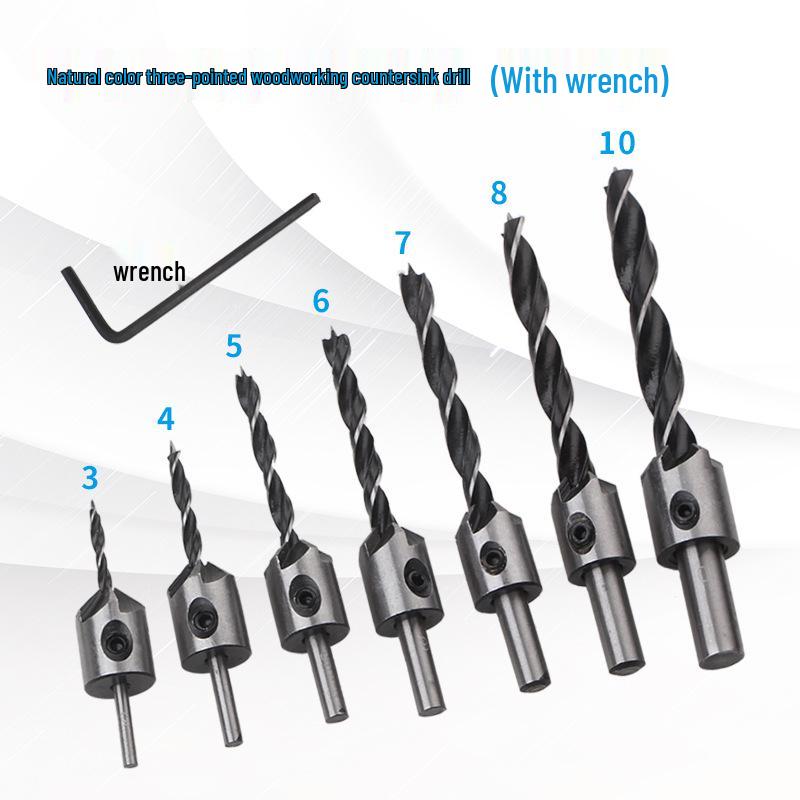 7-Piece Adjustable Woodworking Countersink Drill Bit Set, Three-point Chamfering, High-Speed Steel Twist