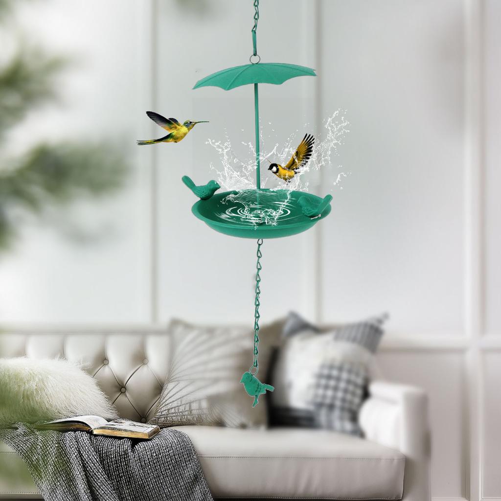 Hanging Bird Feeder Green Metal Large Capacity Umbrella Top Hanging Bath Tray for Outdoor Garden