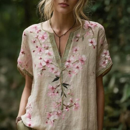 Women Shirt V-Neck Short Sleeve Loose Fit Pullover Tops 3D Printed Pattern Summer Casual Blouse Daily Wear