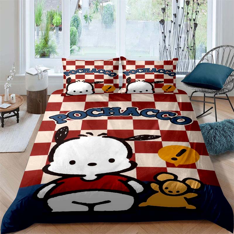 The new cartoon Pochacco dog themed three piece bedding set for 2026, including duvet covers and pillowcases, is the perfect cho