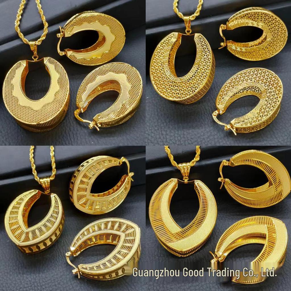 24k Gold Three-Piece Jewelry Set: Pendant, Earrings & Necklace Inspired by Indian, Indonesian, Middle Eastern & Dubai Designs