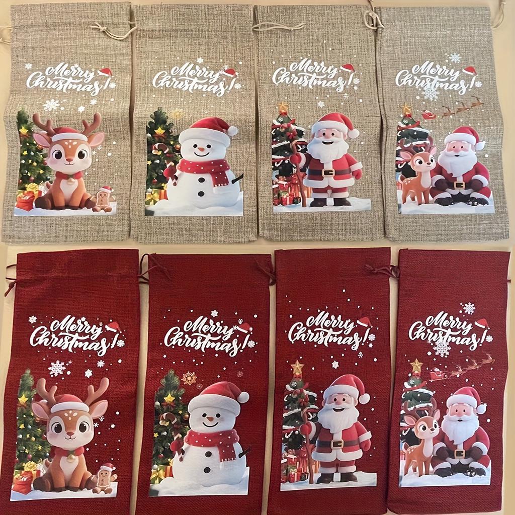 4/8pcs Christmas Wine Bottle Bags with Drawstring Burlap Reusable Fabric Gift Bags with Blank Labels and Rope Suitable Christmas