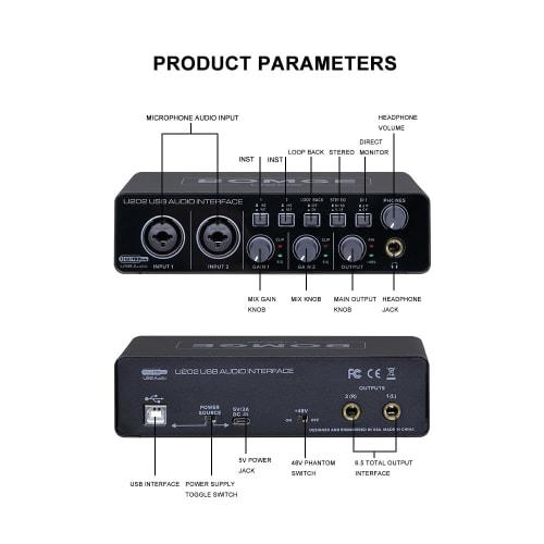 BOMGE U202 USB Audio Interface with Microphone Preamps, XLR/TSR/TS Ports, 48V, 32-bit/192kHz Resolution, for Computer Recording, Streaming, and Podcas