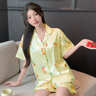 Sommer 2-teiliges Damen-Set Kurzarm niedliche Cartoon-Oberteile und Shorts Pyjama Frau Seide Mode elegant Luxus Satin Nachtwäsche junges Mädchen Pyjama-Set