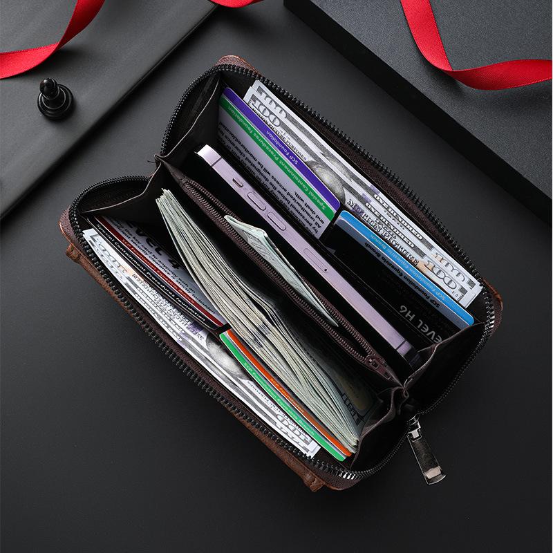 Men’s Leather Long Wallet RFID Blocking Clutch Wallet Large Capacity Zipper Bifold Purse Card Holder Coin Pocket Wrist Strap