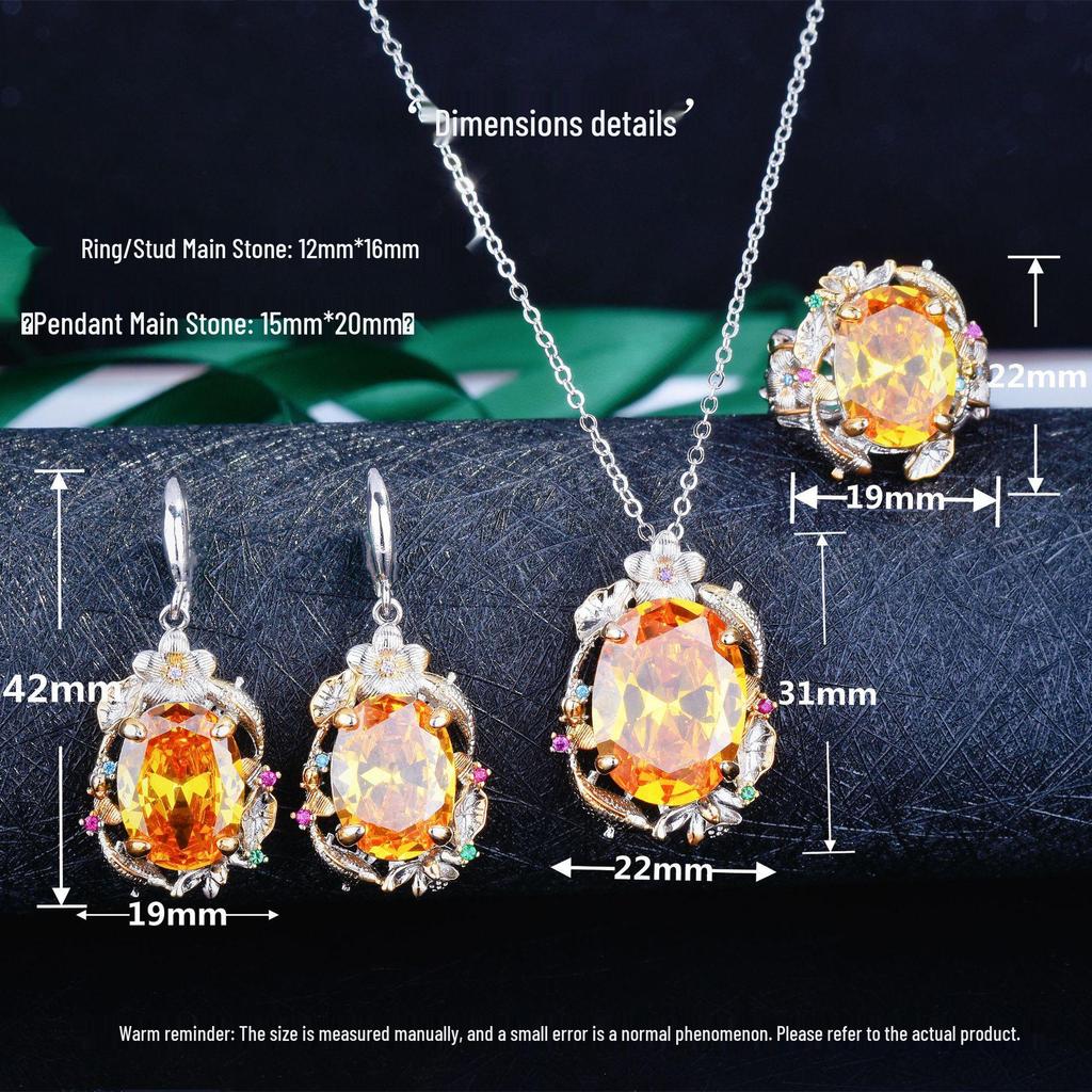 Italian Vintage Pisces Lotus Gem Set: Yellow Diamond Pendant Earrings & Adjustable Ring