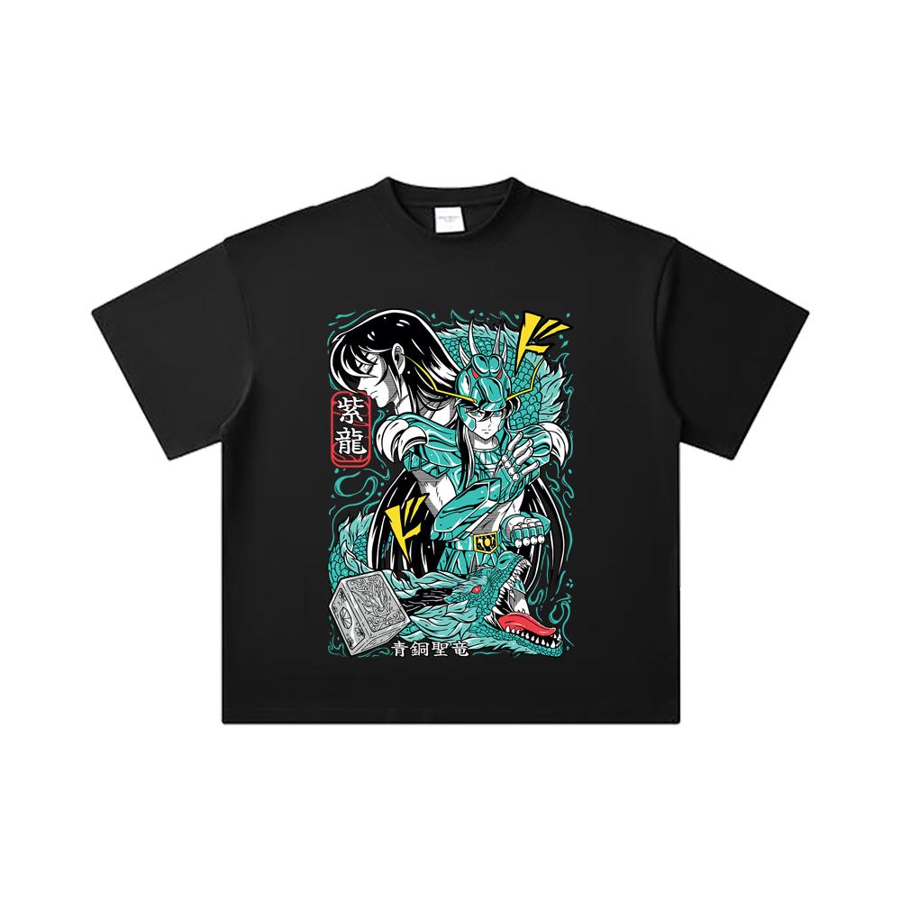 260 GSM Double Yarn 32 Count 100% Cotton Saint Seiya V8 Shiryu Print Unisex Heavy Cotton T Shirt