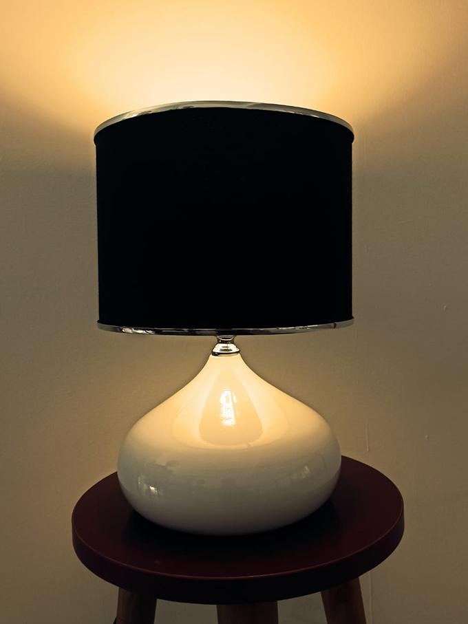 

Serenay Metal White Body Elite Lampshade Silver Detail Black Headboard