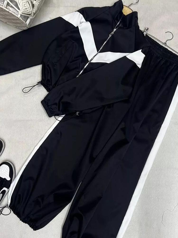 

Жіночий чорно-білий спортивний костюм на блискавці з широкими штанами, повсякденний спортивний костюм з двох предметів XL чорний