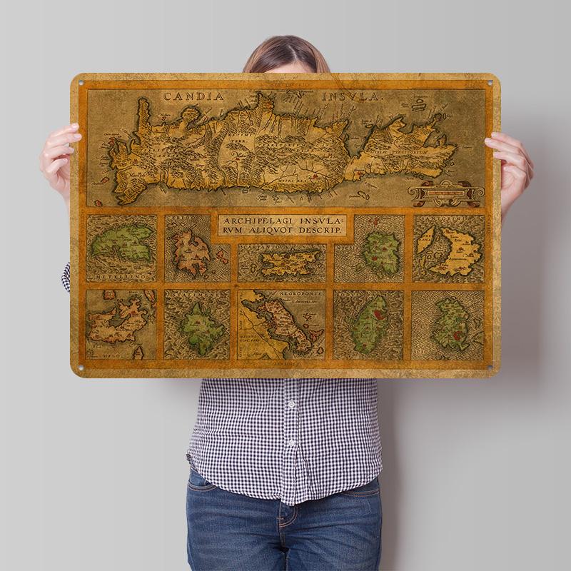 Vintage Map of Crete D Printed Texture Poster Personalized Wall Art Retro Metal Tin Signs for Home Decoration Aesthetic House