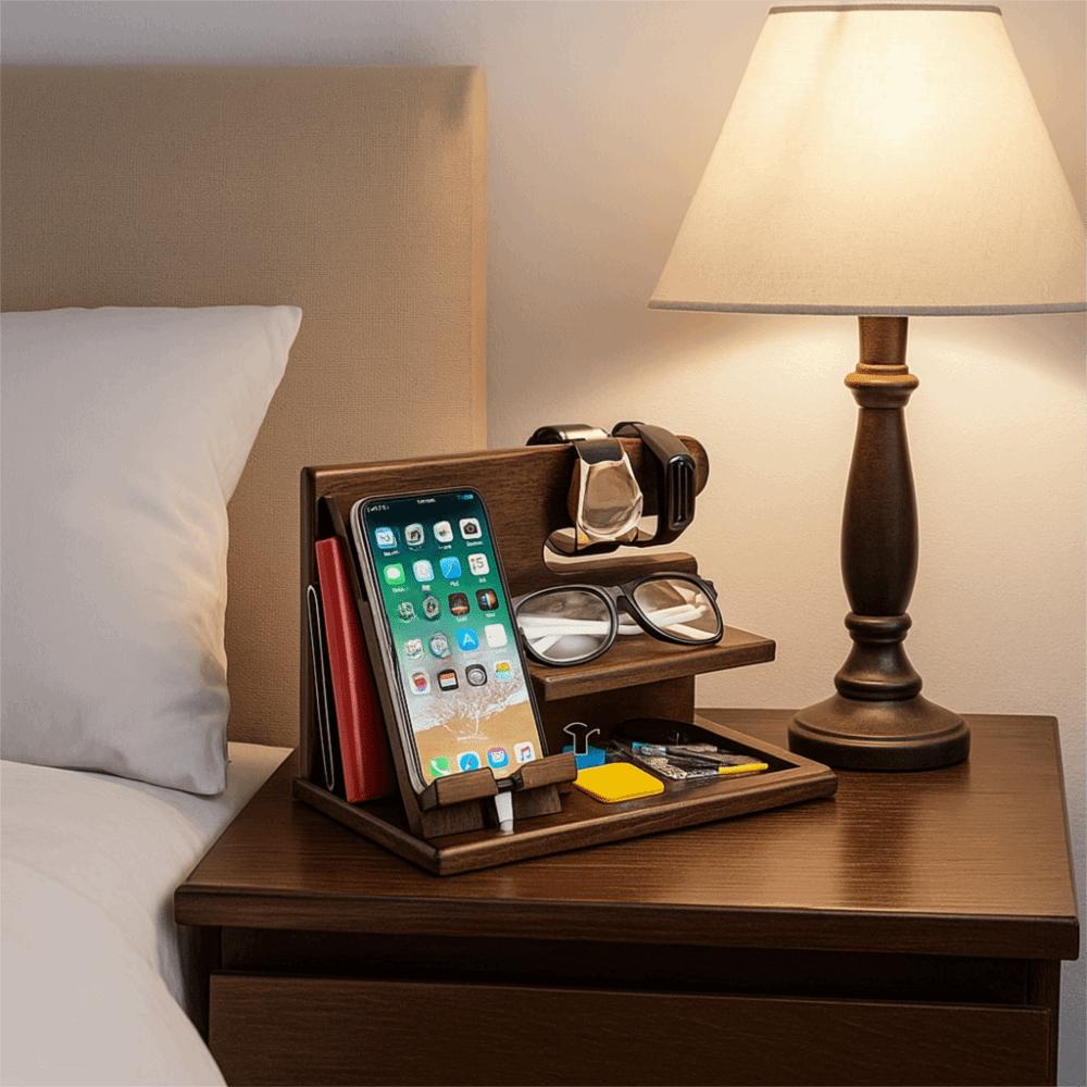Space Saving Charging Phone Holder Solid Wood Keychain Wallet Storage Rack  Desktop Organization