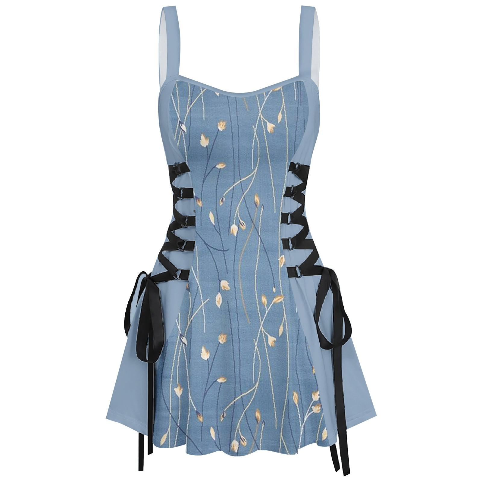 

Женская повседневная мода обычная печатная сексуальная бретелька ретро короткое платье ретро юбка юбка XL синий