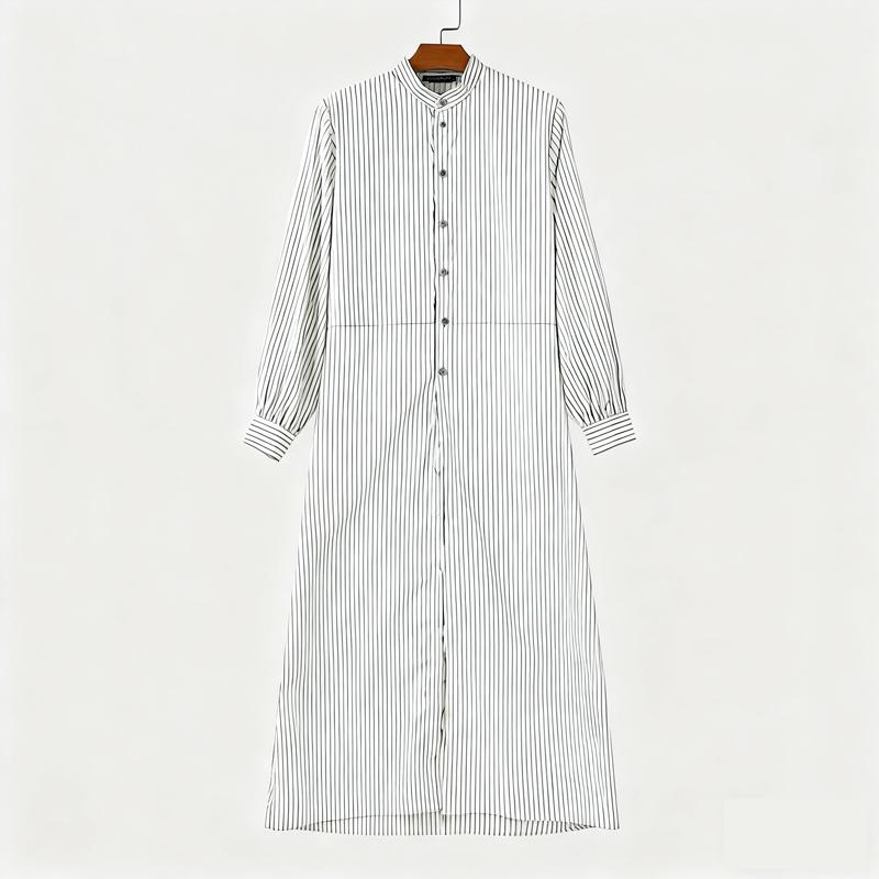 INCERUN Oversized Men Stand Collar Puff Sleeve Striped Print Buttons High Splits Long Shirts