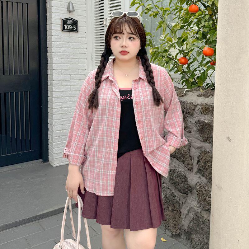 

Plus size women clothing [Korean Series Plaid Set] Summer Dopamine Embroidery Cami Plaid Shirts Two-piece Set Pink lattice-shirt 5XL