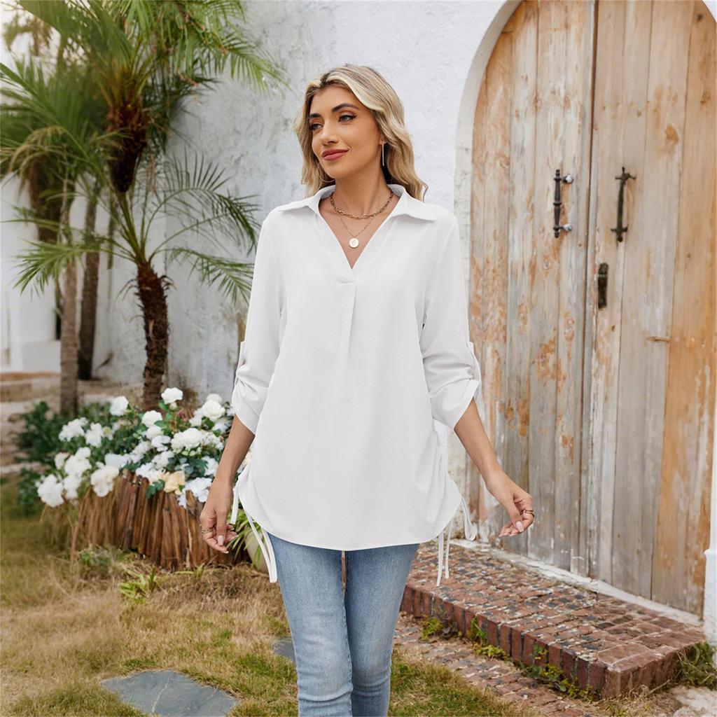 Women's Fashion Casual Solid Color Lapel Mid Sleeve Shirt Loose Top