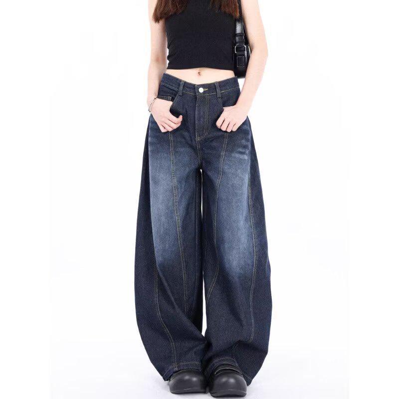 Unisex Vintage Curved-Leg Jeans, Spring/Autumn, High Street Loose Wide-Leg Floor-Length Pants