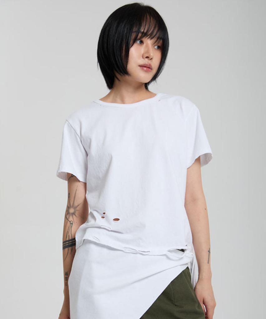 KODEOBEULTEIJI Damaged Crop Short Sleeve T-Shirt - White