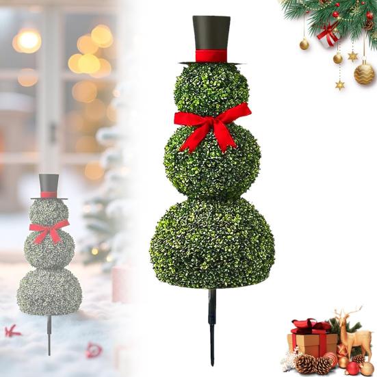 Christmas Snowman Topiary Artificial Snowman Shaped Topiary Tree Pot with Red Bow Santa Hat for Indoor Outdoor Home Porch Yard Holiday Decor