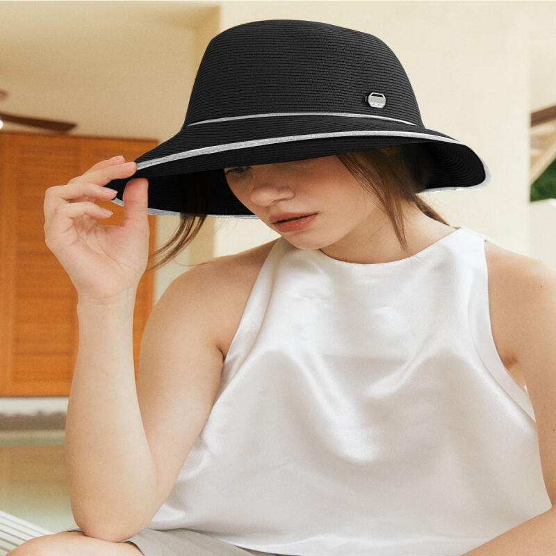 Женская плетенная из ротанга широкополая шляпа-ведро H012 ЧЕРНЫЙ black