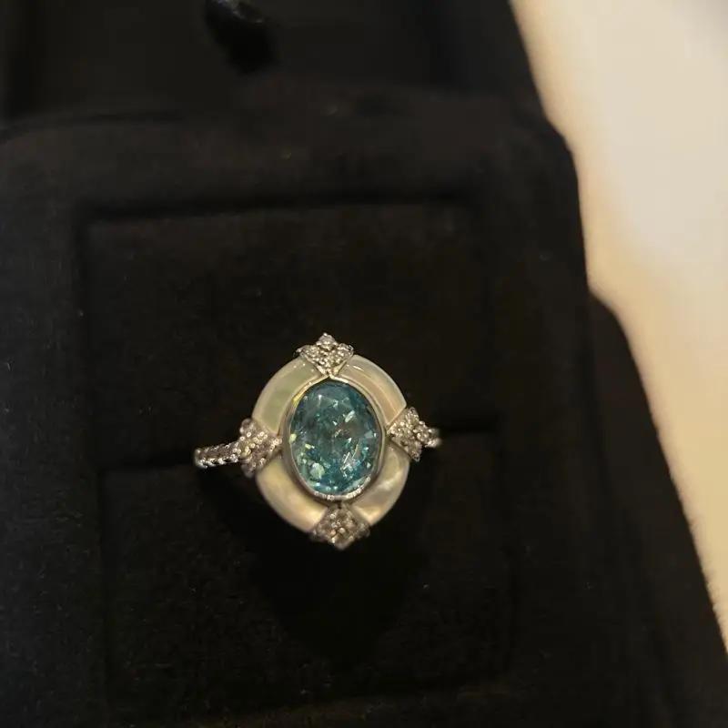 Kupfer Vintage Palaststil Blau Aquamarin Zirkon Oval Weiße Perlmuttringe für Frauen Leichter Luxusring Hochzeit Zirkon