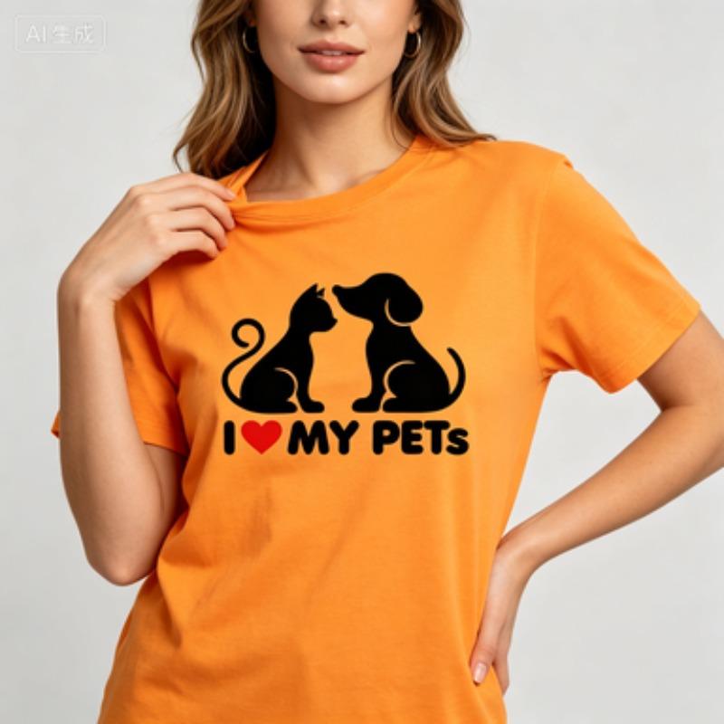 Cotton Tee Minimalist Cat Dog Kiss Silhouette With Love Text Graphic Animal Lover Simple Black Print Breathable Basic Tshirt