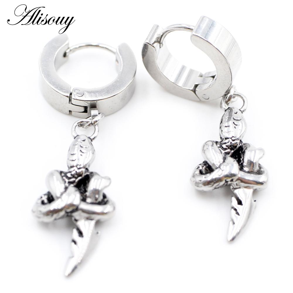 Alisouy 2PCS Stainless Steel Star Cross Snake Spike Skull Sword Blade Chain Feather Spider Dangle Women Men Huggie Hoop Earrings
