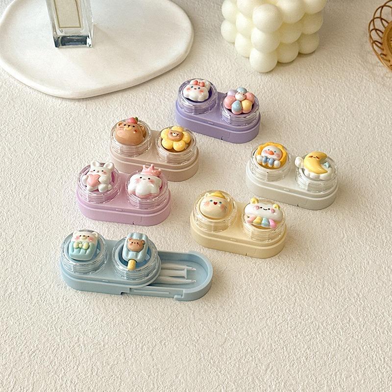 1pc Cute Animal Contact Lens Case Mini Contact Lens Box Portable Lightweight Travel Lens Care Tool with Tweezers