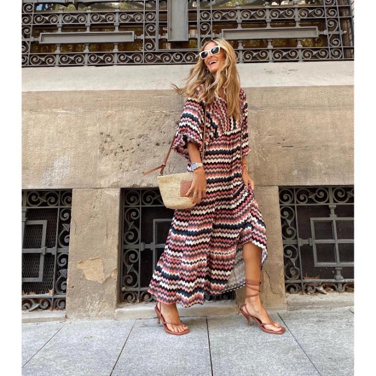 European American Women Maxi Dress Geometric Puff Sleeve Street Style